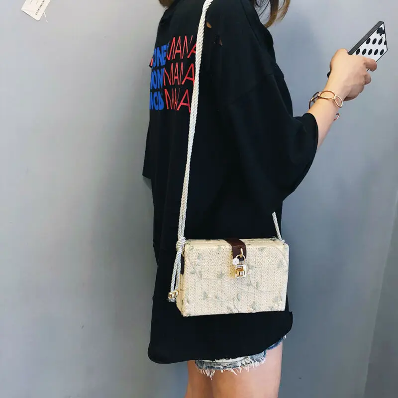 USFashion Lady Floral Print Beach Rectangle Box Bag Rattan Straw Crossbody Bags Bohemia Handbag Shouldbag