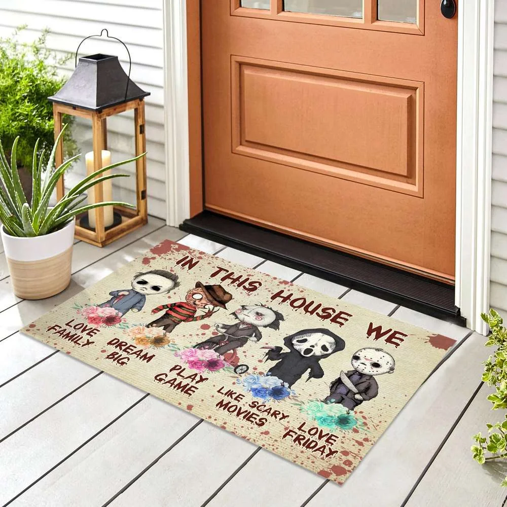 Door Mat Halloween Theme Horror Movie Character Collection House Rules Doormat 3D Printed Carpet Non-Slip Bedroom Porch
