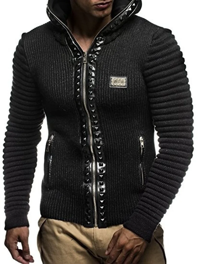 ZOGAA 2019 Brand Men's Sweater Coat Casual Knitted Hooded Jacket Coat Solid Hat Rivet Trim Men's Zipper Sweater Jacket Fashion ZOGAA 2019 Brand Men's Sweater Coat Casual Knitted Hooded Jacket Coat Solid Hat Rivet Trim Men's Zipper Sweater Jacket Fashion