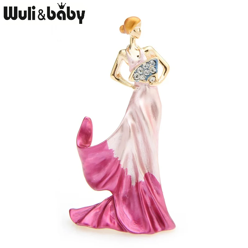 pink Эмалевые Броши Wuli& baby в виде розового и фиолетового цветов платье для танцев Броши Для женщин Сплав чешские Стразы Вентилятор Женская Брошь для свадьбы, банкета, на застежке, Подарки на год - Окраска металла: pink