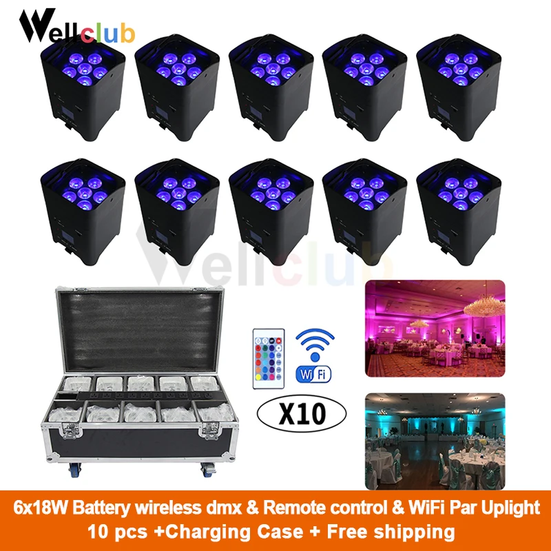 

10pcs with Flightcase 6X18W Battery Powered Wireless LED Par Light 6in1 RGBAW UV LED Par Uplight & Remote & WiFi stage light