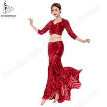 Тренировочная одежда, Женский Топ для танца живота, длинный рукав, юбка с v-образным вырезом, 2 предмета, костюм для танца живота, сценическое представление, 4 цвета