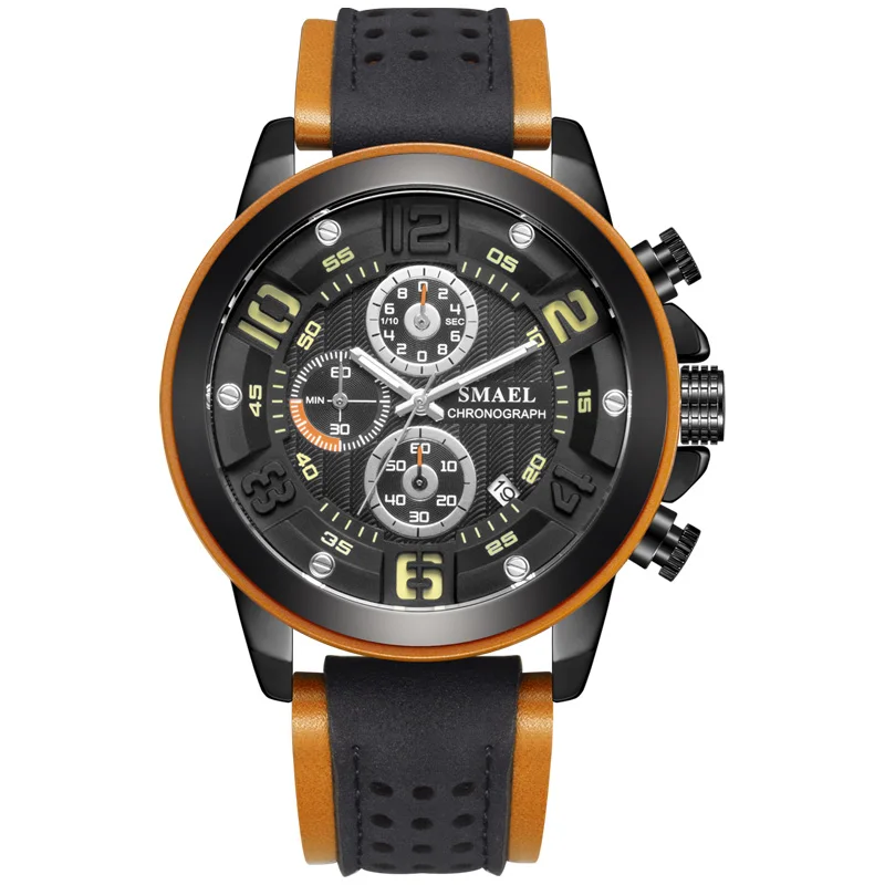 Спортивные мужские часы SMAEL, роскошные часы из сплава, мужские повседневные SL-9083, модные кожаные водонепроницаемые наручные часы - Цвет: Yellow