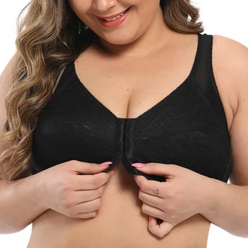 

2020 Women Casual Wire Free Lace Front Buckle Bra Gathered Underwear Plus Size