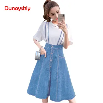 

Spring 2020 Denim Strap A Line Knee-length Overalls Dress Women Blue Casual Dresses Vestidos Summer Girls