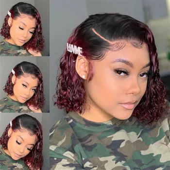

JRX Water Wave Human Hair Lace Front Wigs Ombre 99j Colored Brazilian Curly Short Bob Wigs Pre Plucked For Black Women Remy Hair