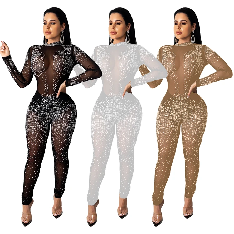 12AF016 cheap price hot drilling rhinestone mesh see through club wear sexy jumpsuits High Fashion Women Clothing