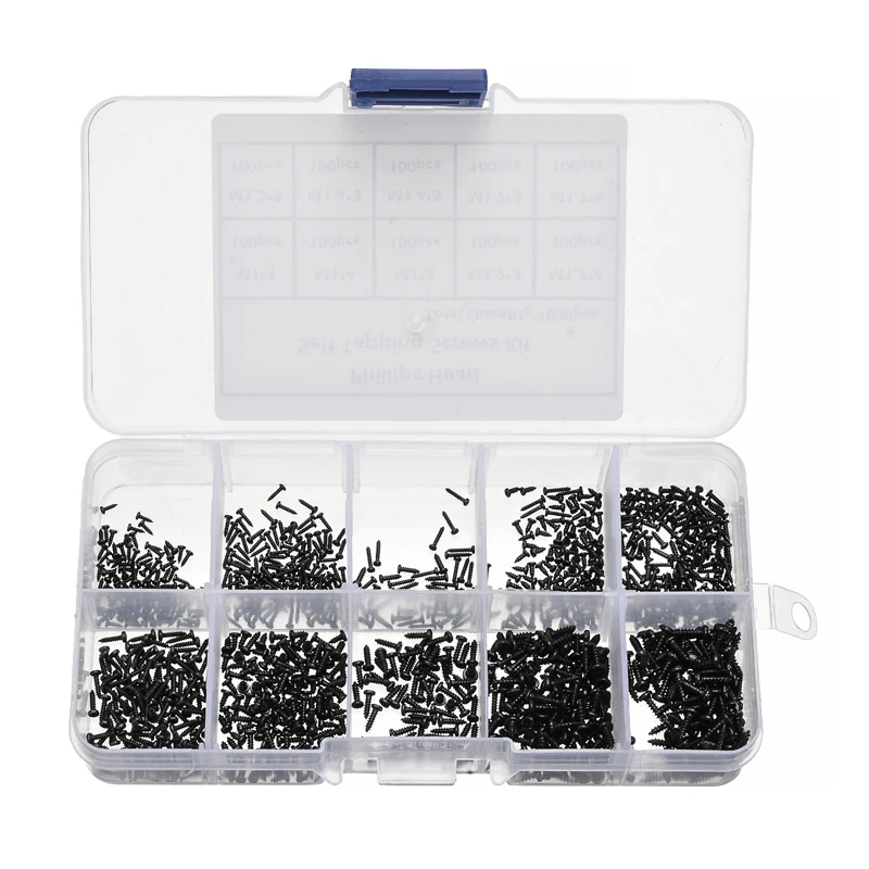 1000pcs/set M1/M1.2/M1.4/M1.7 Round Cross Head Stainless Steel Screws Pan Self Tapping Screw Set Assortment Kit Black | Обустройство