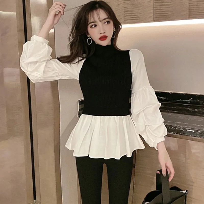 

iMucci 2002 New Summer Spring Stand Collar Blouses Split Joint Knitting Puff Sleeve Pleated Korean Fashion Women Shirt TM1466