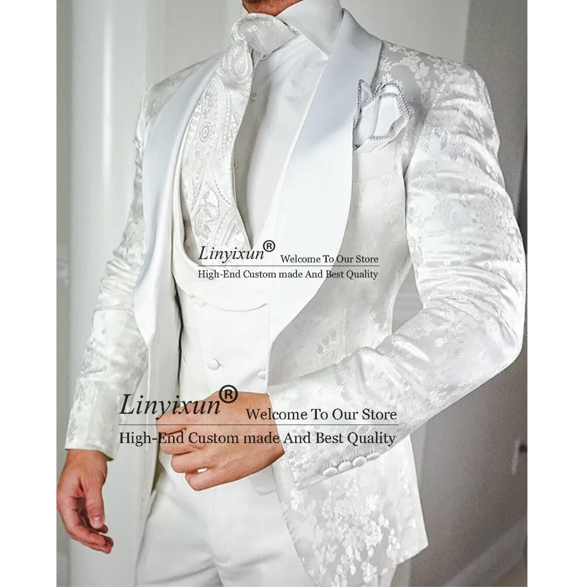 PROD 1005003083634275 White Jacquard Men Slim Fit Suits 3 Piece Jacket
Vest Pants Set Casual Wedding Groom Tuxedo Formal Business Blazer
Costume Homme