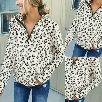 

Womens Long Sleeve V Neck Fluffy Knitted Sweater Leopard Print Casual Jumper Top