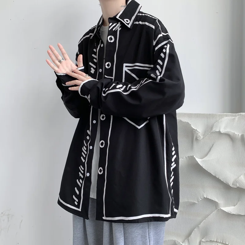 Hand painted graffiti shirt men's design sense of minority advanced sense of leisure Hong Kong style shirt hiphop fried Street mens dress shirt