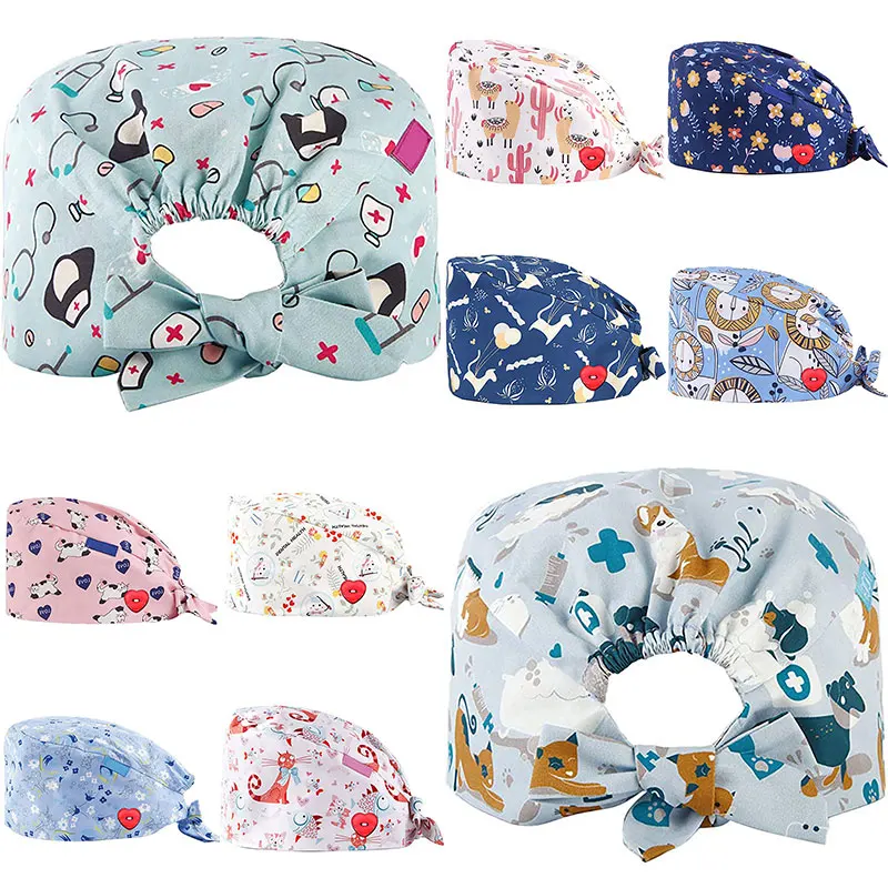 

Unisex Scrubs Hats with Button Anti-lear Women Men Printed Reuseable Casual Hats Bandage Adjustable Caps Washable Working Caps