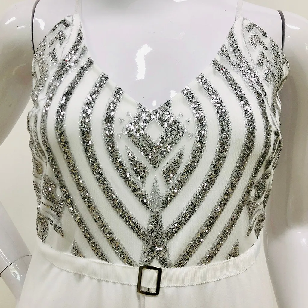 Womail Jumpsuit Women Spaghetti Strap Sequin Backless Jumpsuit Sexy Sleeveless White long Wide leg Jumpsuit Summer elegant party