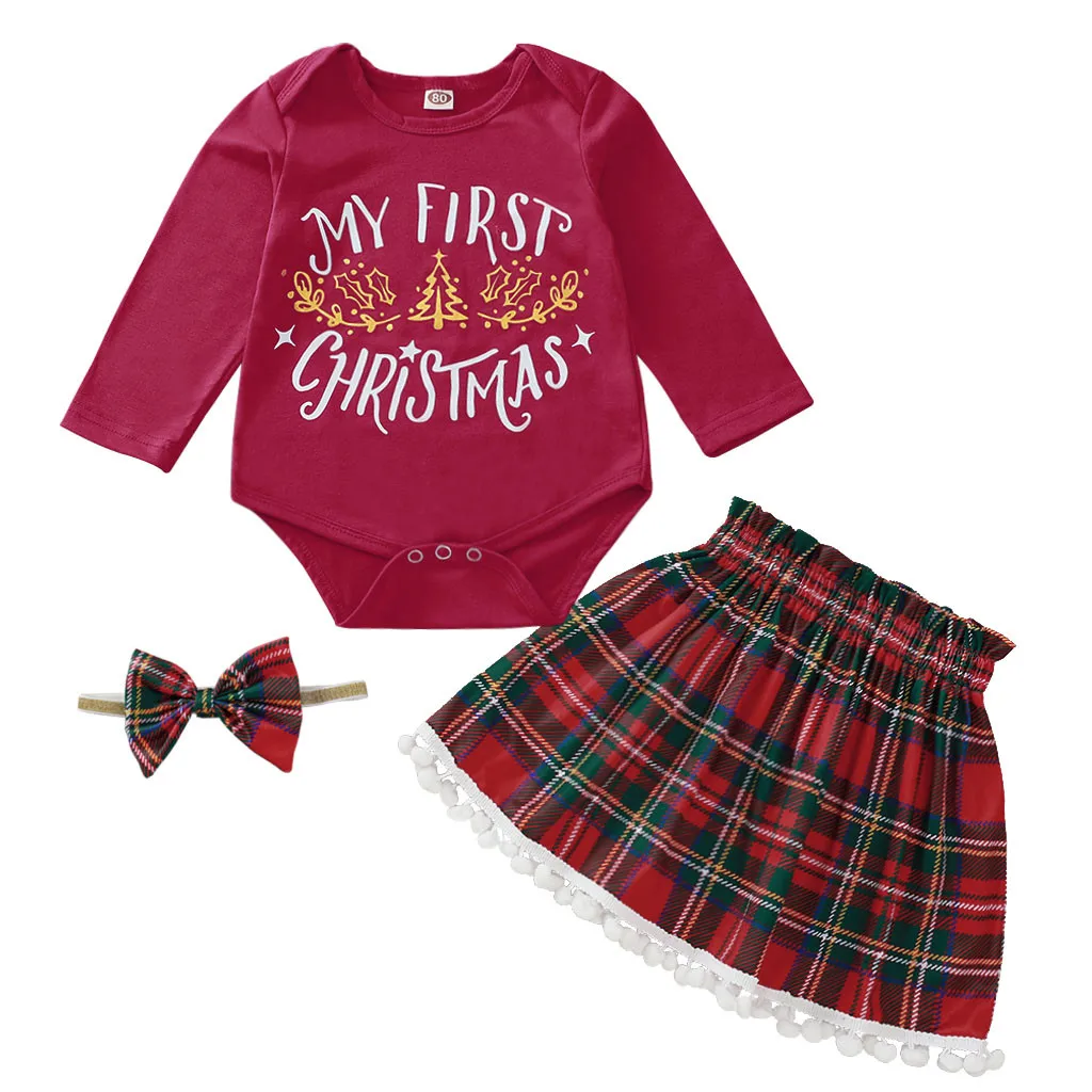 С надписью my first christmas, для девочки, Младенческая Платье для девочек пижамный комплект на Рождество, боди, длинные рукава пуловер-комбинезон с бахромой и клетчатая юбка; комплект одежды