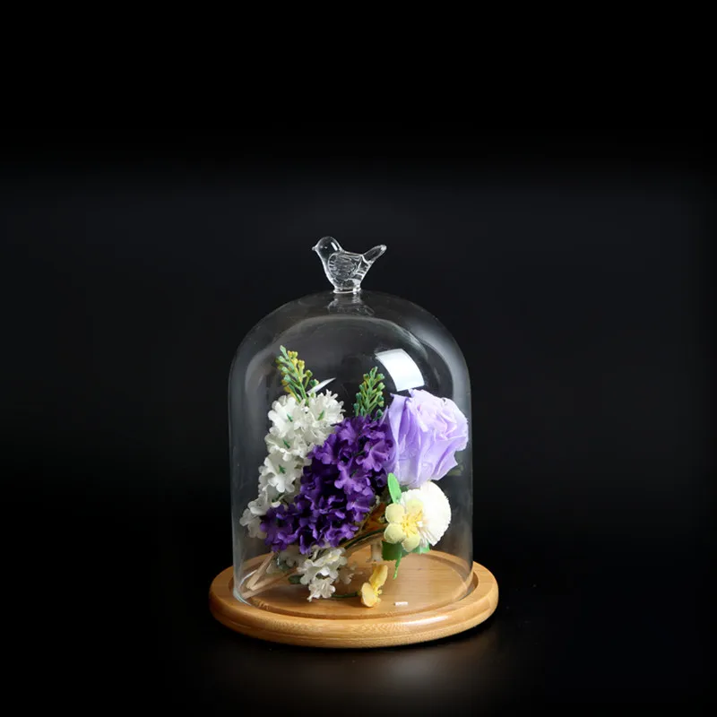 12*16cm Bamboo Base Different Top Glass Dome Vase Home Decoration Transparent Cover Wedding Live Prop DIY Friend Favor Gift 4
