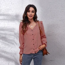 

Houndstooth Shirt Women Long Sleeve For Spring Autumn 2022 Trendy Fashion Clothing V Neck Tops Button Up Shirts Soft Comfortable