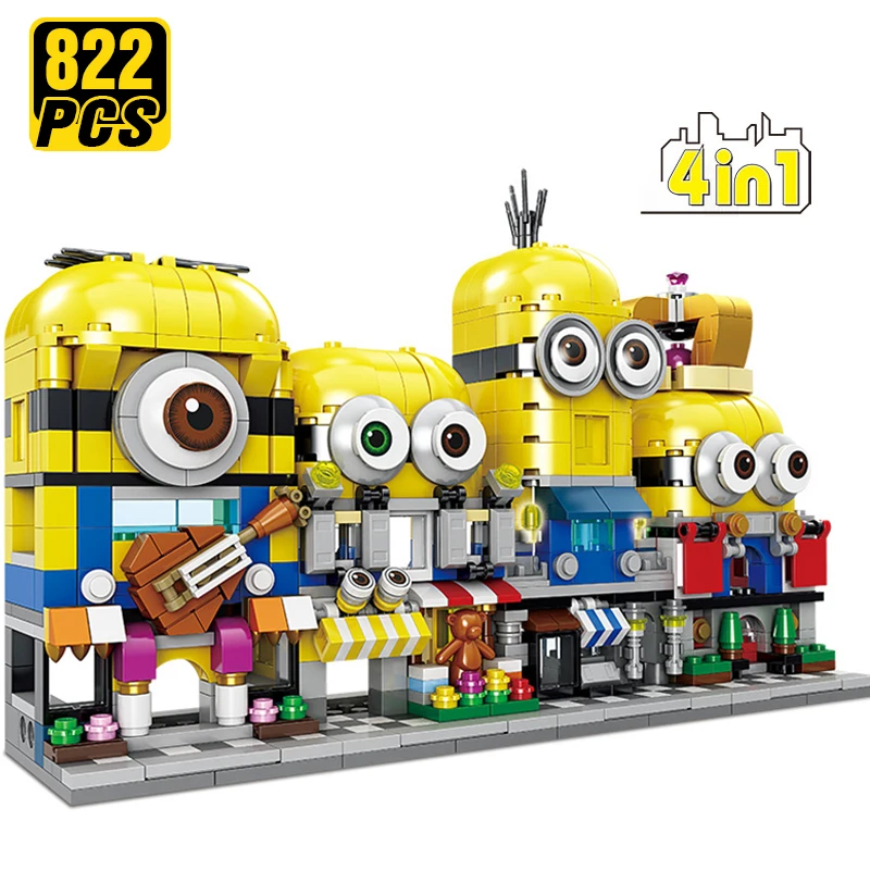 

4 In1 Mini City Street Store Technic Architecture Creator Expert Building Blocks 3D Model Minions Bob Kevin Bricks Toys for Boys