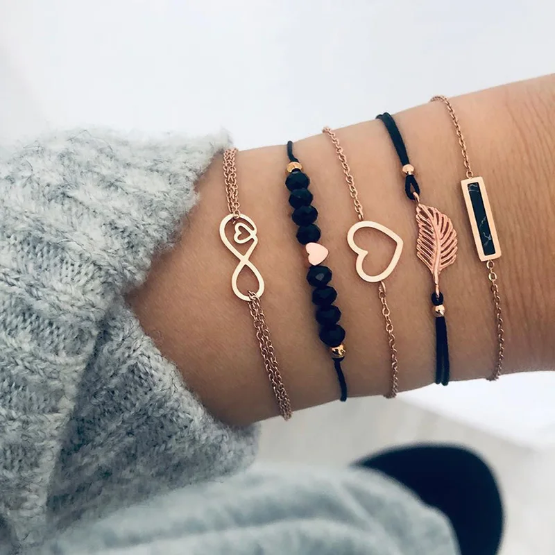 

6 pcs/set Love Heart Infinity Symbol Charm Bracelets for Woman Gold Link Chain Bracelets Hollow Feather Black Beads Braclet Girl