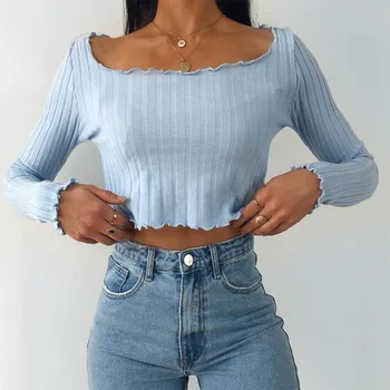 

2020 New Autumn T-shirts Women Ladies Long sleeve tops Slim Ruched Pullover Pure color Crop top Strapless Square collar Tee top