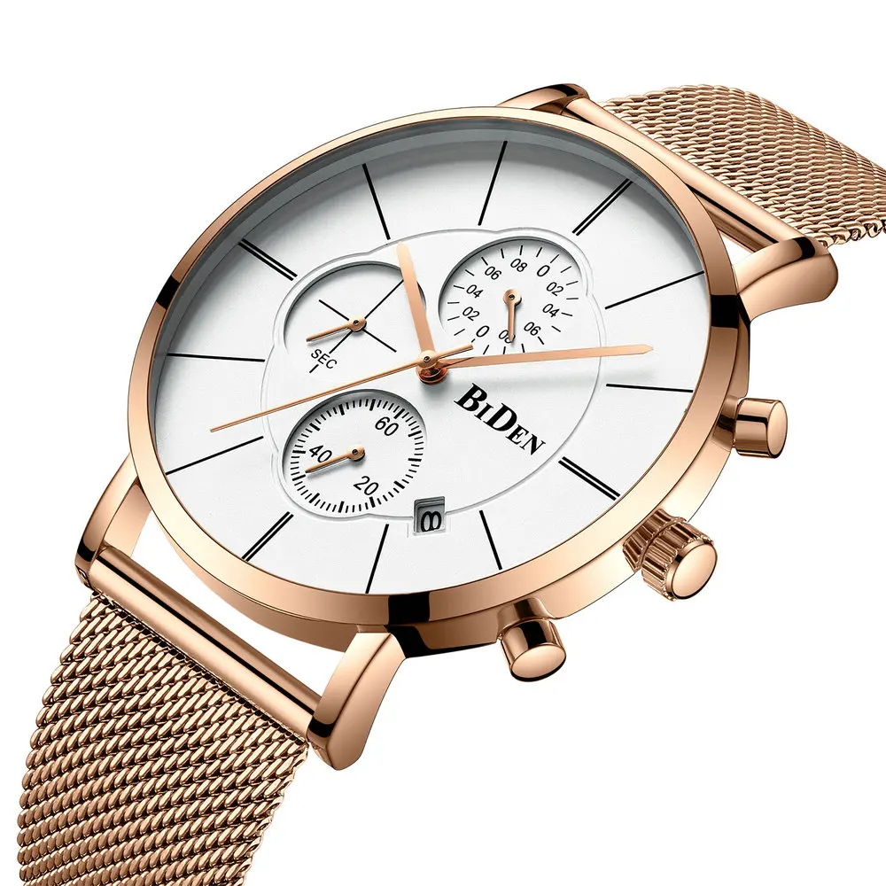 

BIDEN Luxury Brand Fashion Watch Men Rose Gold Quartz Clock Chronograph Watches Mesh Strap Stainless Steel Business Wristwatch