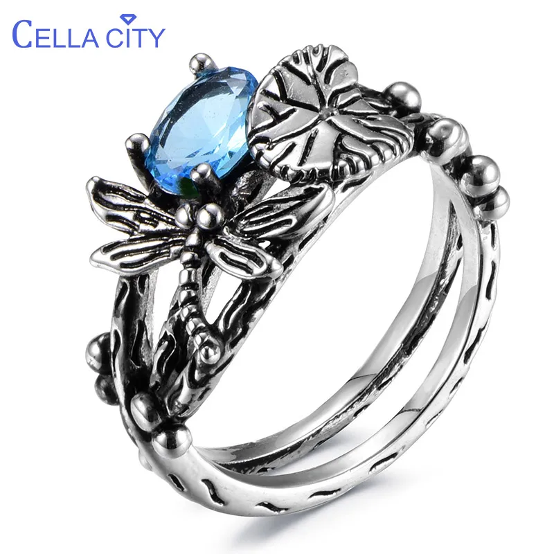 Cellacity Vintage Thai Silver 925 Jewelry Gemstones Ring for Women Dragonfly Lotus Sapphire Emerald Amethyst Bury Sapphire Gift