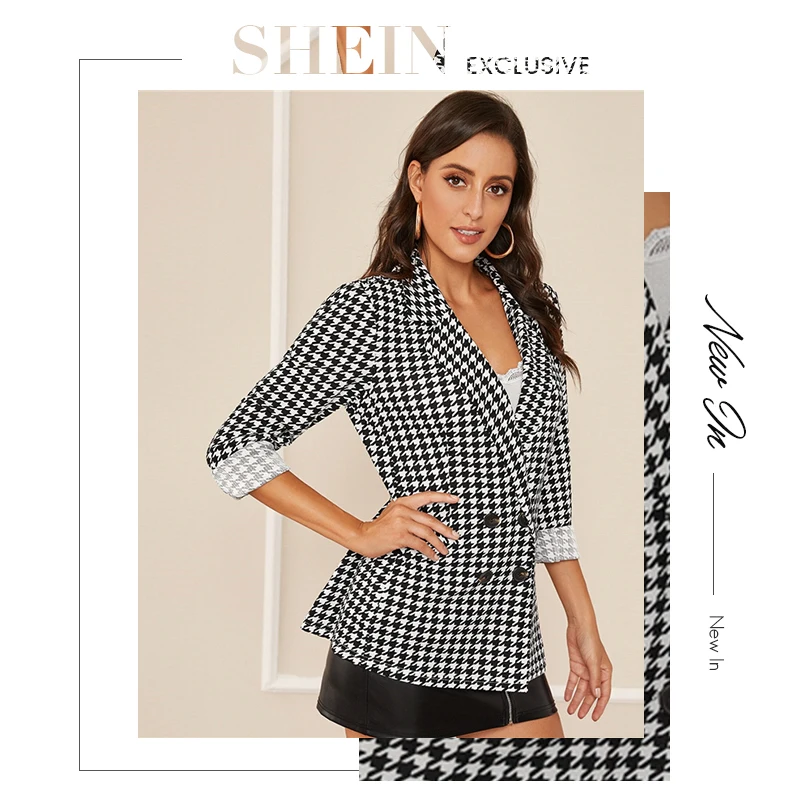 SHEIN черно-белый двубортный блейзер с отложным воротником, женские осенние элегантные офисные платья куртки-блейзеры