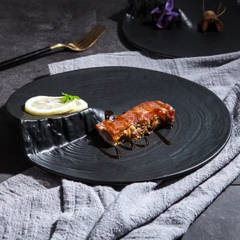 

Creative Japanese tableware special hotel western dishes plate Irregular round black ceramic dinner plates restaurant supplies