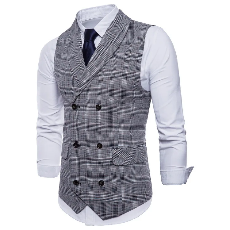 

Hot Selling Men Casual Vest England Double Breasted Style High Quality Plaid Slim Fit Suit Vest