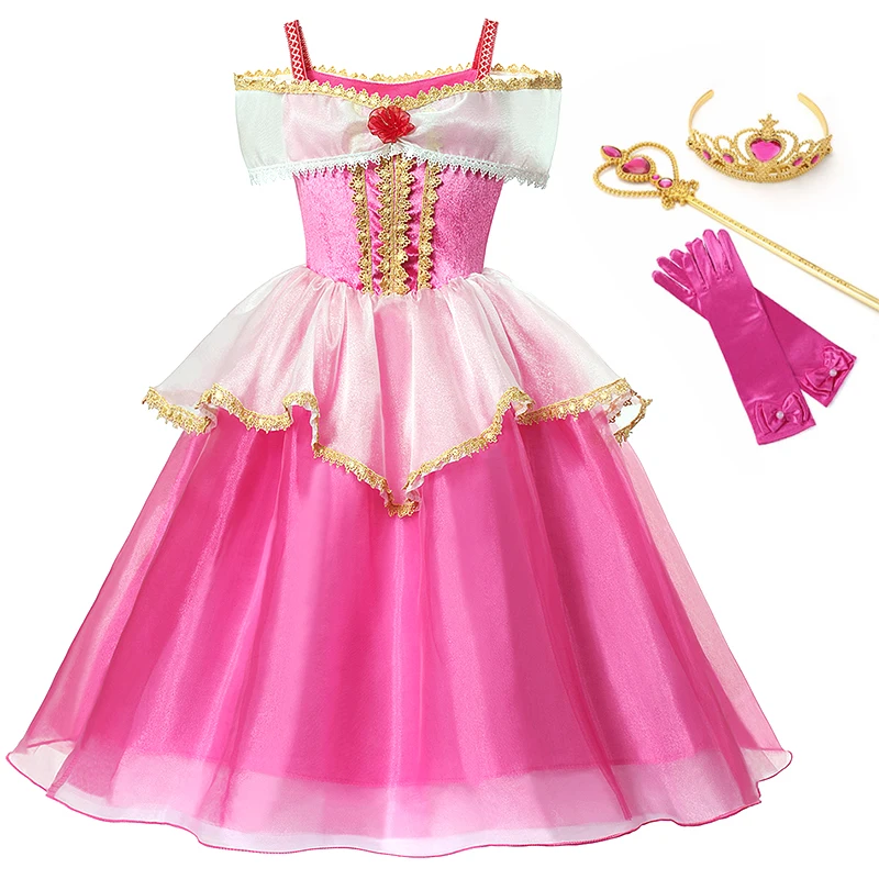 Girls Aurora Princess Costume Drop Shoulder Party Gown Fancy Dress Cosplay Cloth 
