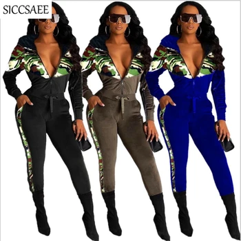 

Camouflage Print Two Piece Set Korean Velvet Tracksuit For Women Hoody Cardigan Pants Sweat Suit Pleuche Sexy Casual Clothing