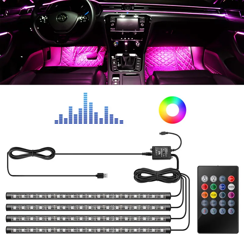 4 шт. 5050 автомобильный RGB светодиодный светильник 18SMD Голосовое управление СВЕТОДИОДНЫЙ Стайлинг автомобиля декоративные атмосферные лампы Автомобильный интерьерный светильник с пультом дистанционного управления