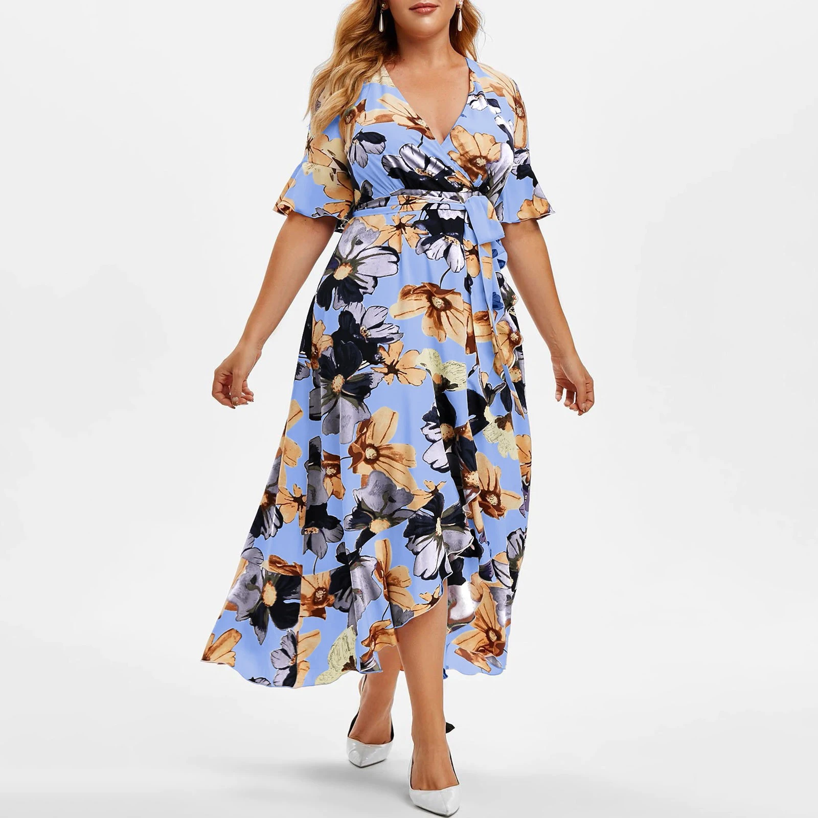 2021 Summer Casual Women Clothes V Neck Print Short Sleeve Ruffle Floral Irregular Dress Plus Size Maxi Long Dresses