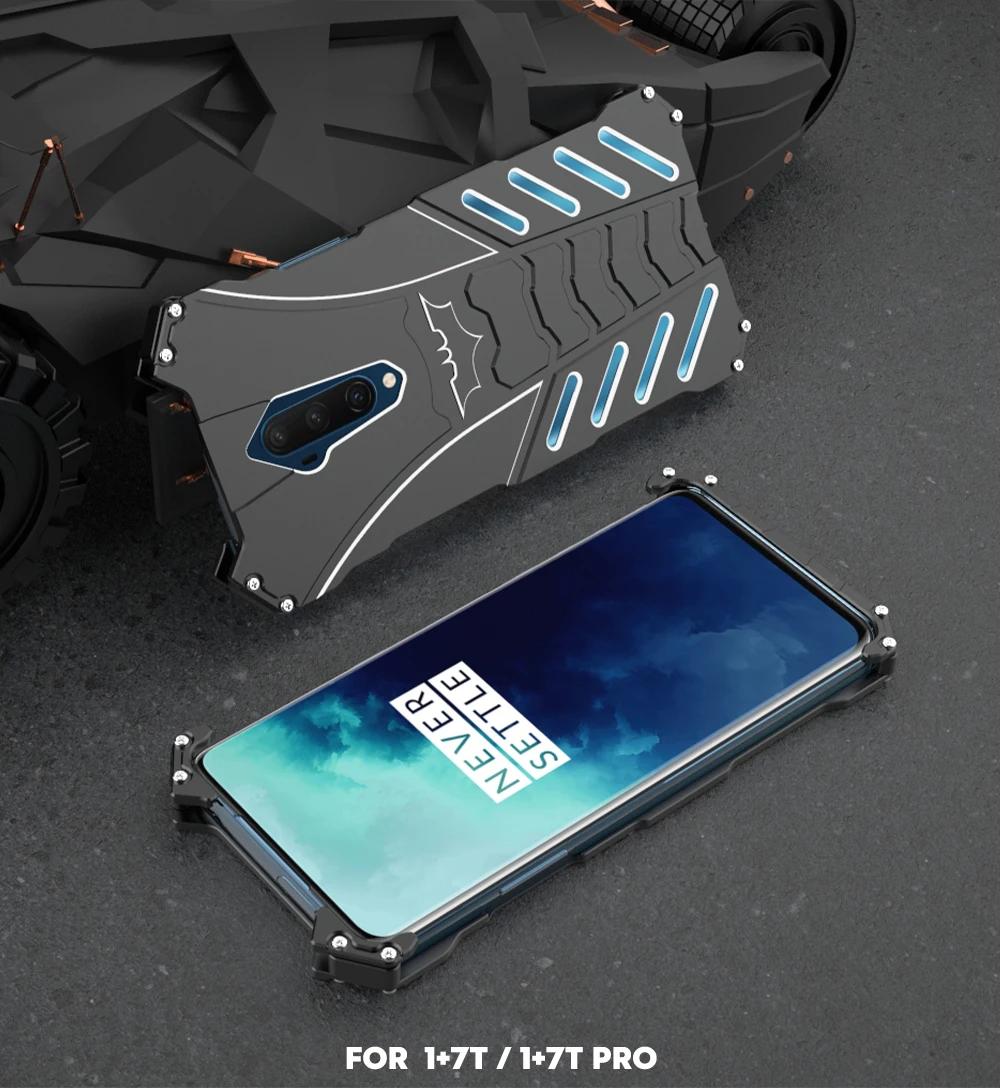 

Cool Fashion Bat Metal Case For Oneplus 7T Pro Hard Cover Shockproof Aluminum Hollow Shell Heat Dissipation Sports+Straps