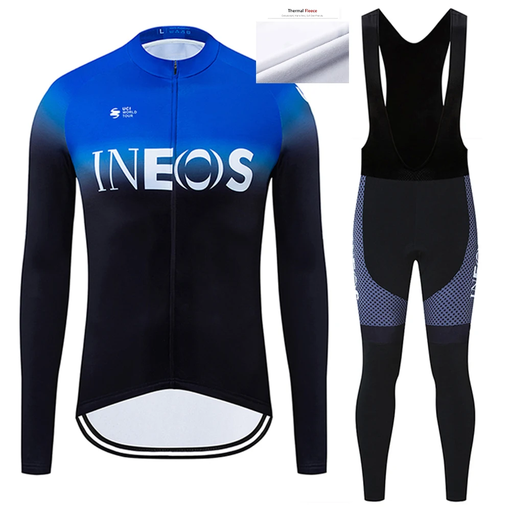 Зимняя команда INEOS, велосипедная майка, велосипедные штаны, набор, мужские, Ropa Ciclismo, термо, флис, для велоспорта, одежда для велоспорта, 12D гелевая подкладка - Цвет: Blue Set 2