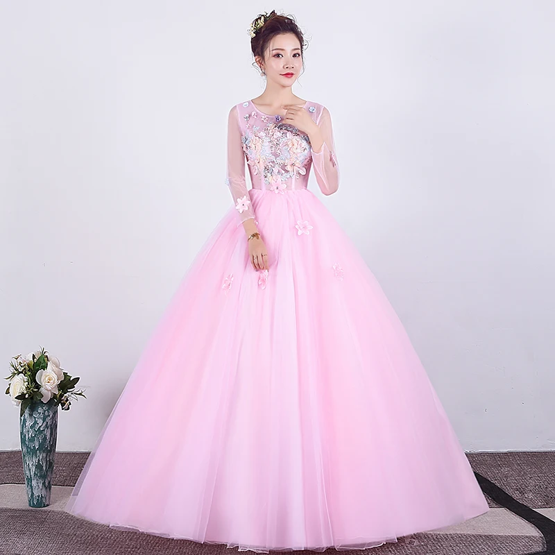 Розовые платья Quinceanera для выпускного вечера вечерние платье золотые длинные рукав с накладной аппликацией танцевальное бальное платье, vestidos De милые платья