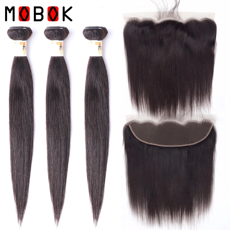 

MOBOK Brazilian Straight Hair Weave Bundles With Frontal Closure Lace Frontal With Bundles Human Hair Extension Hair Bundles
