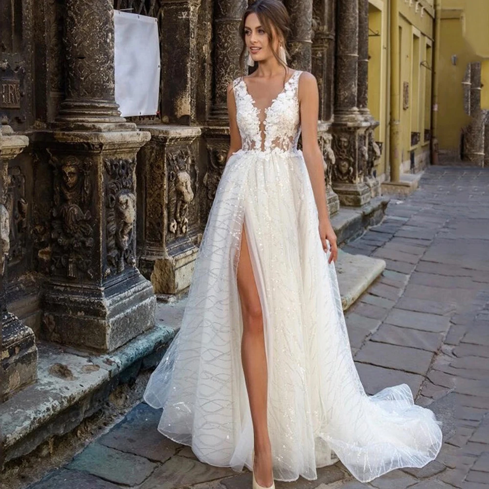 

Eightree Side Split A Line Wedding Dresses Deep V Neck Lace Appliques Bridal Gowns Boho Sequins Princess Wedding Gowns