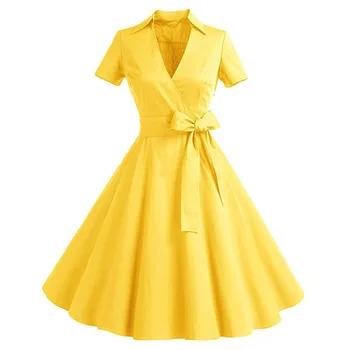 

1950s Hepburn Summer Dress 2020 V Neck Cotton Women Vintage Swing Robe Rockabilly Housewife Retro 50s Pin Up Dresses Vestidos