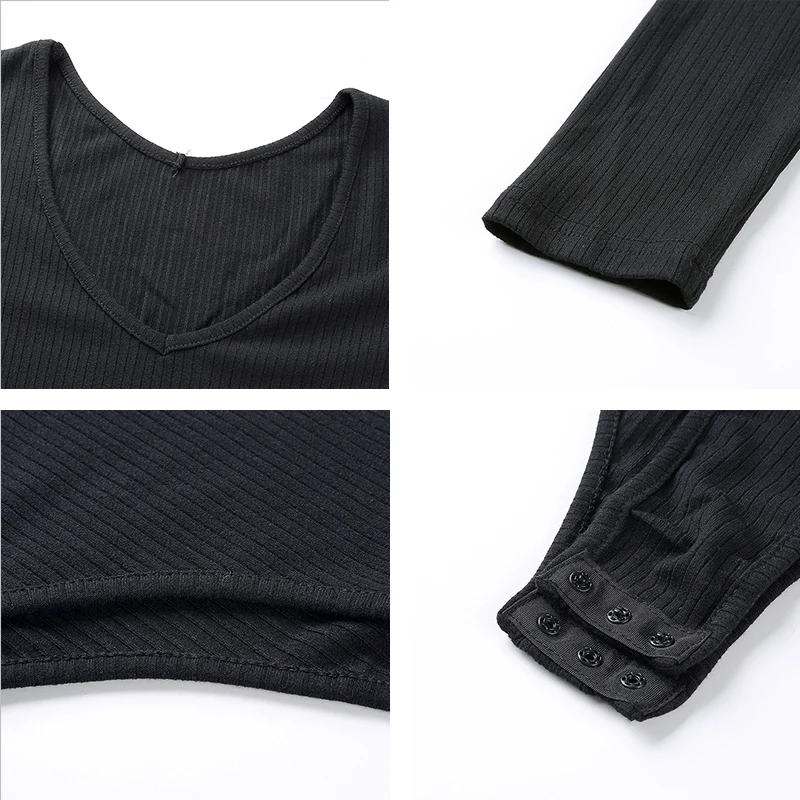 Rapwriter Casual V-Neck Long Sleeve Ribbed Skinny Bodysuit Women Autumn Winter Basic Sexy Slim Open Crotch Bodysuit Top