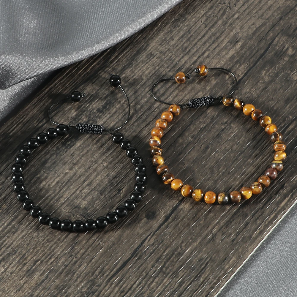 Natural Stone Bracelet 6mm Men Women Charm Tiger Eye Black Beads Braided Bangle Adjustable Yoga Jewelry