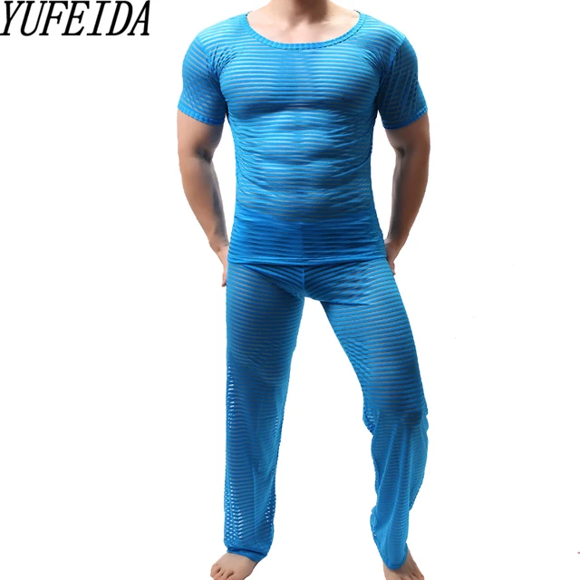 Men See-through Sheer Mesh Striped Muscle Bodybuilding T-Shirt Top Tee Sexy  Mens Clothes Set Loose Long Pants Trousers Underwear - AliExpress