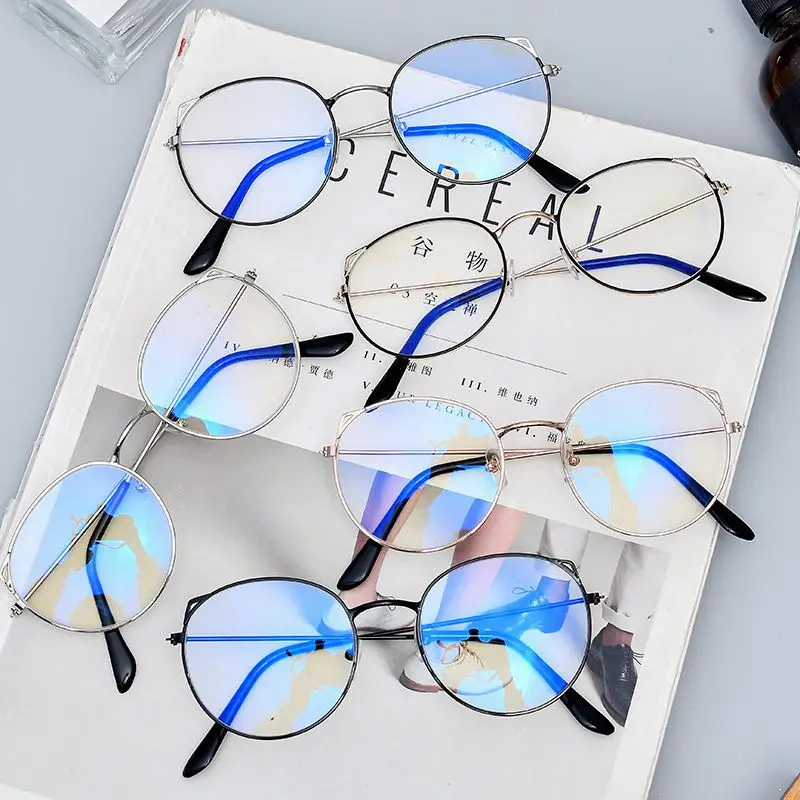 Корейский стиль плоские легкие кошачьи очки с ушками металлическая оправа ретро круглые легкие плоские зеркальные женские оптические очки