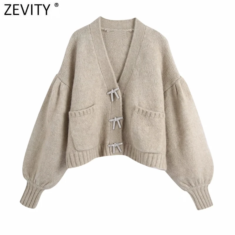 Zevity 2021 Women Fashion Solid Diamond Bow Buttons Leisure Knitting Sweater Femme Chic Lantern Sleeve Casual Cardigan Tops S632