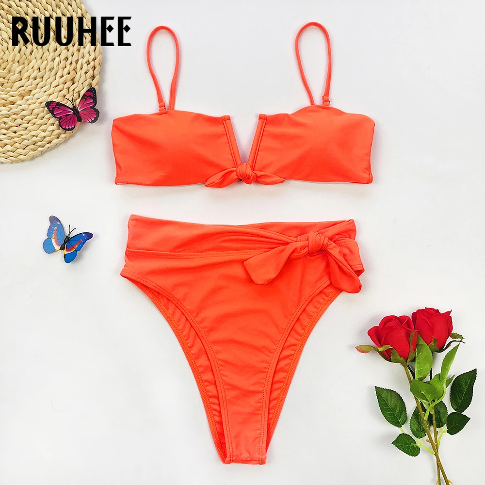 RUUHEE, винтажный Одноцветный купальник бикини в горошек, женский купальник с узлом, комплект бикини, купальный костюм, высокая талия, бикини, прокладки, пляжная одежда