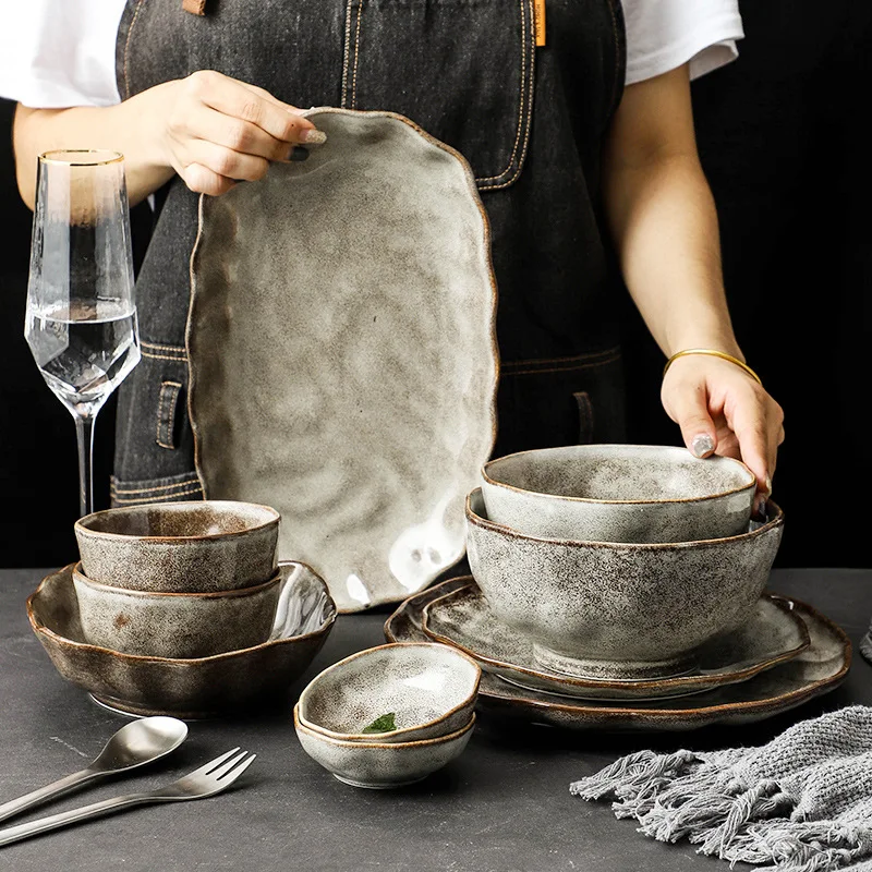 LingAo Japanese stone-grain tableware retro plate creative pasta salad bowl old clay bowls | Дом и сад