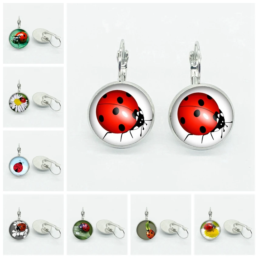 

Seven Star Ladybug Green Leaf Pattern Earrings Simple Style Ladybug Dome Glass Handmade Earrings Ms. Gift Wholesale