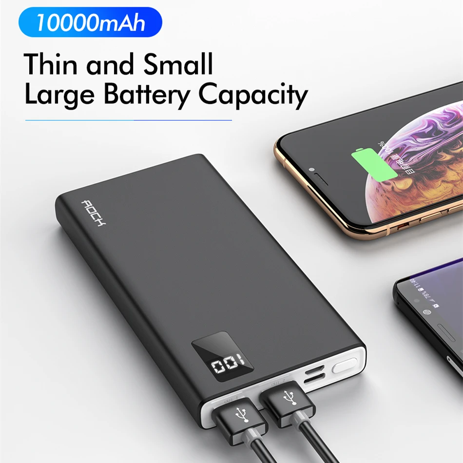 ROCK power Bank 10000 мАч для Xiaomi Mi, iPhone, samsung, портативная быстрая зарядка, внешняя батарея, power bank, зарядное устройство для телефона, повербанк