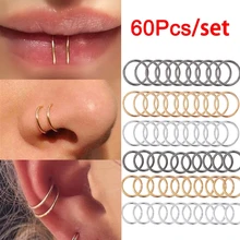 60Pcs/set Nose Ring Piercing Punk Gold Silver Color Handmade Tiny Nose Lip Hoop Ring Septum Rings Piercing Stud Body Jewelry