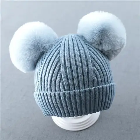 BLUE Вязаная шапочка для малыша, хлопковая Детская кепка с двойным мехом для детей от 3 до 24 месяцев, теплая осенне-зимняя Шапка-бини для маленьких мальчиков и девочек - Цвет: BLUE